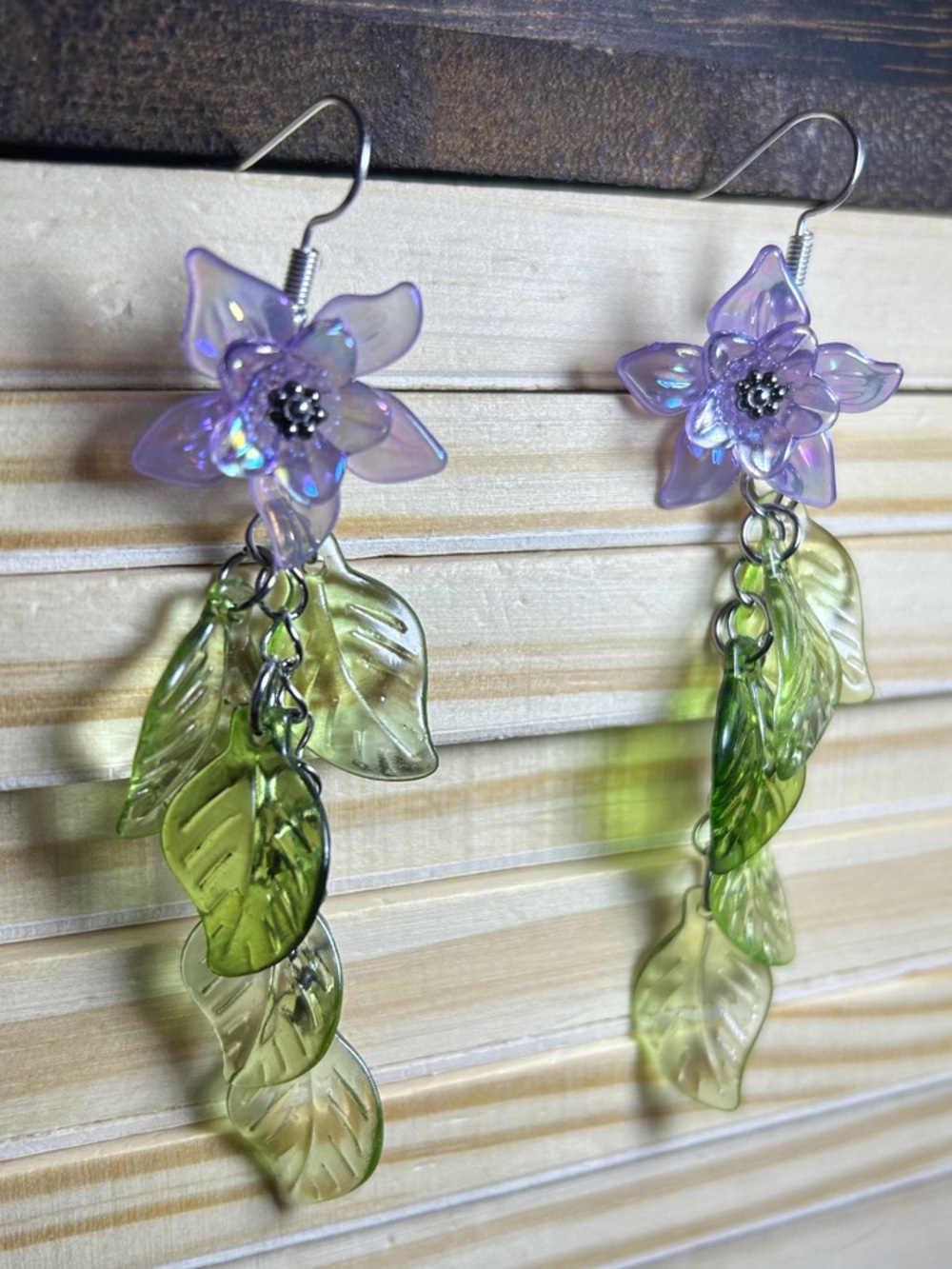 Purple Flower and Green Leaf Dangle Earrings - Women's Jewelry - Picture 6 of 6
